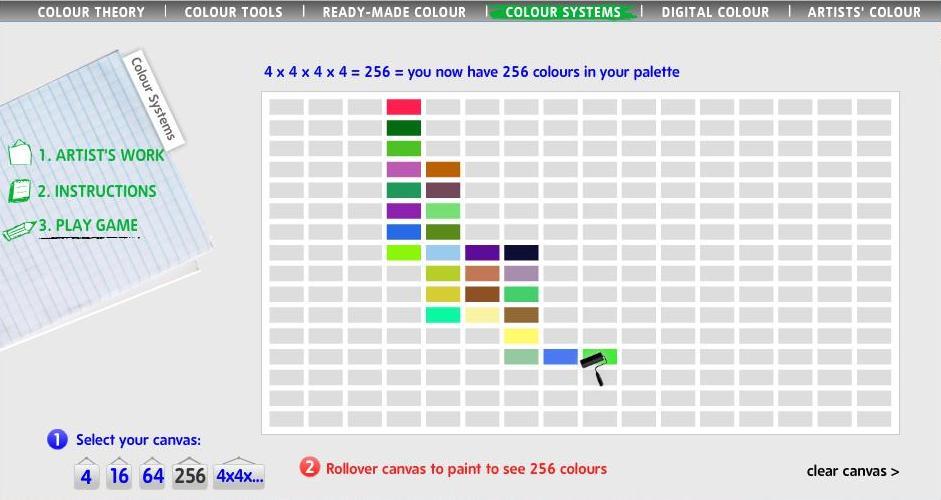 no ponto número 2. Para iniciar a pintura clicamos em PLAY GAME e seleccionamos o tipo de suporte com 4, 16, 64, 256 ou 4x4x4. Figura 5 Aspecto a aplicação de pintura através de sistemas numéricos 7.