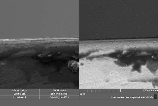 Além destes o difratômetro evidenciou pequena oxidação do material representada pelo pico de Fe3O2.