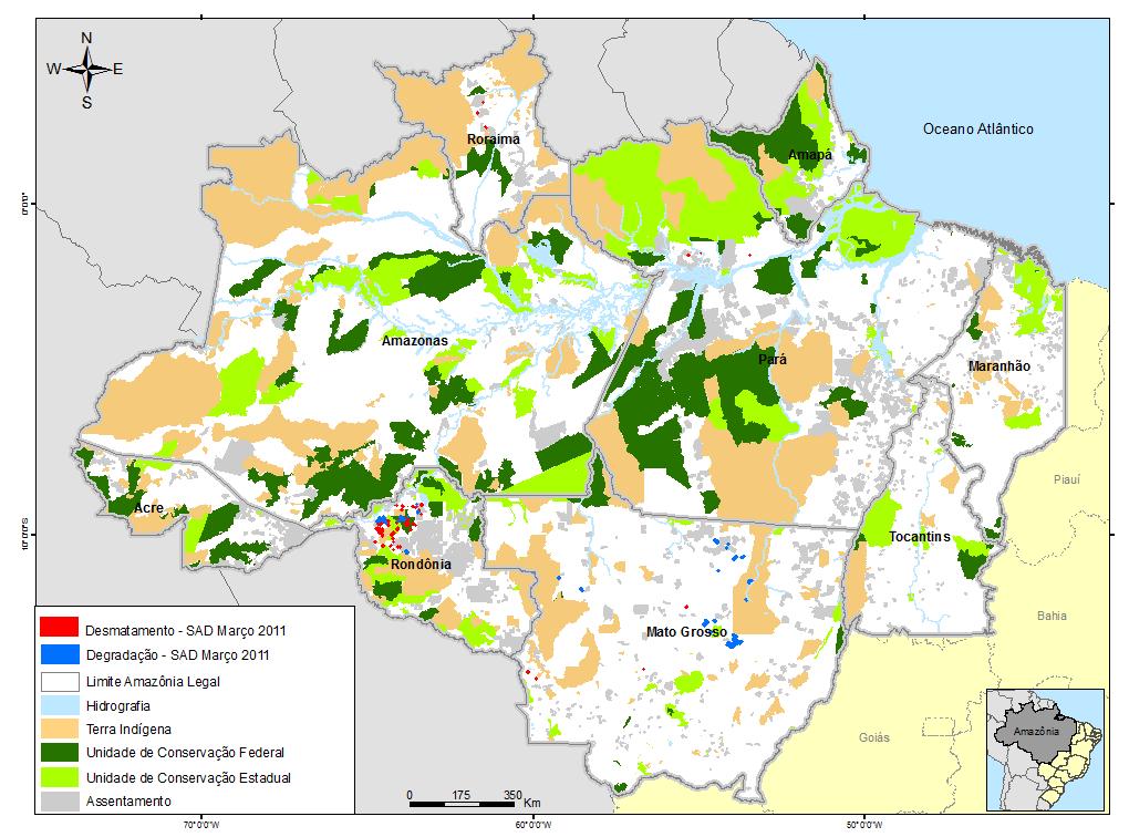 representou uma redução de 39% no desmatamento de março de 2011 em relação ao desmatamento detectado em março de 2010 quando o desmatamento atingiu 76 quilômetros quadrados.