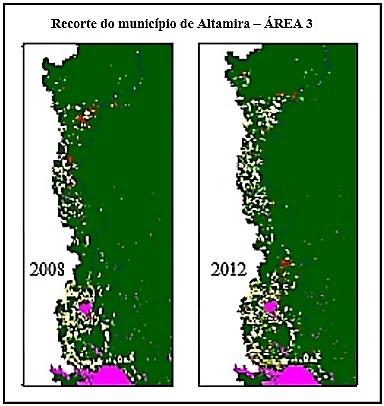 FIGURA 3: Aspecto do recorte da Área 1, Área 2 e Área 3 do município de Altamira, nos anos de 2008 e 2012. Fonte: Autores (2015), baseado em dados do TerraClass 2008 e 2012.
