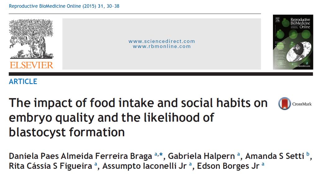 2659 embriões 269 pacientes submetidas a ICSI o o Qualidade embrionária em estágio de clivagem: negativamente influenciada pelo álcool e cigarro; positivamente influenciada pelo consumo de cereal,