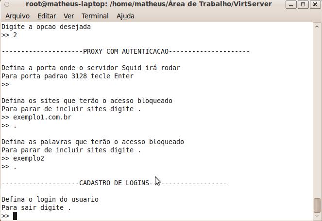 Assim como aconteceria com a configuração do Proxy transparente a primeira fase de configuração foi da porta do Squid, e o cadastro dos sites e palavras que se deseja bloquear.