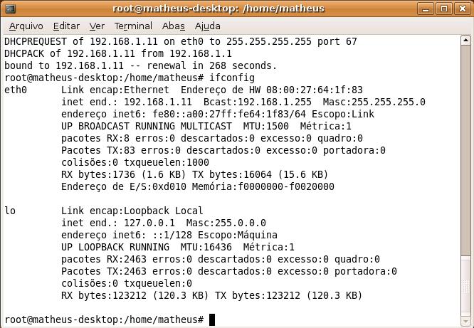 Figura 23 Menu inicial de configuração do DHCP Fonte: Dados da Pesquisa A Figura 24 é apenas mostra o resultado do comando ifconfig após a configuração