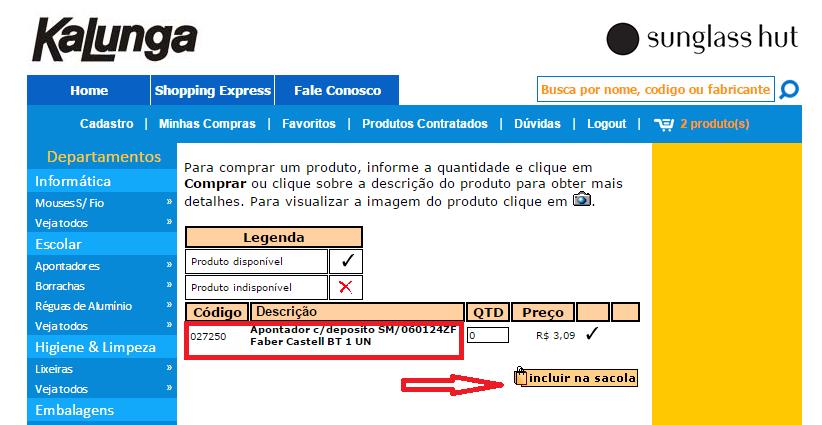 DEPARTAMENTOS: Aparecerá as opções do produto, selecione o