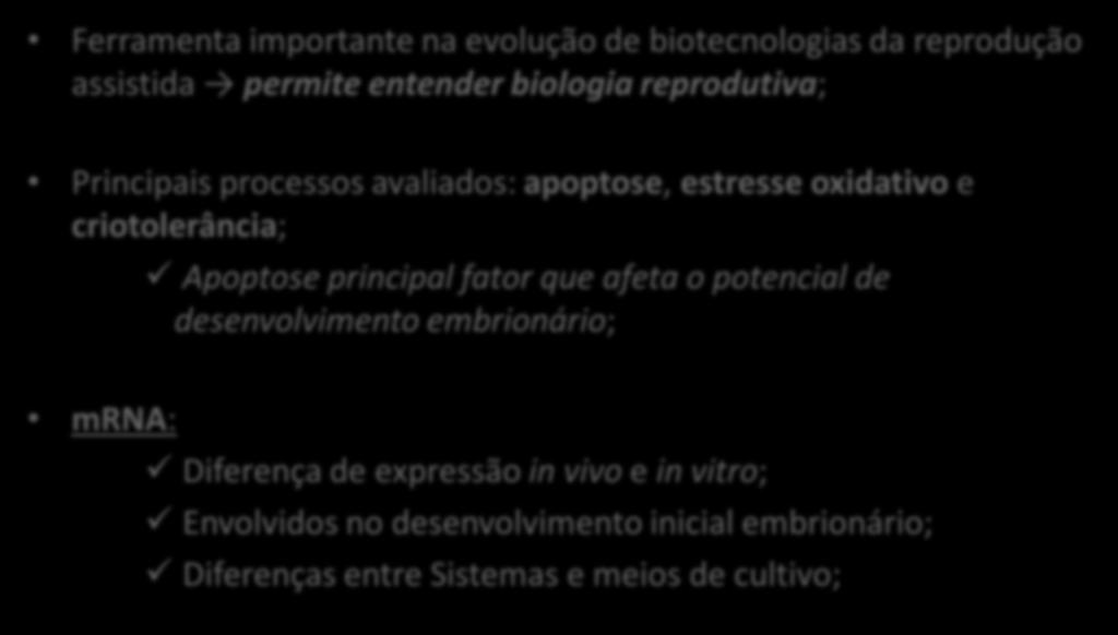 Análise de Expressão Gênica Ferramenta importante na evolução de biotecnologias da reprodução assistida permite entender biologia reprodutiva; Principais processos avaliados: apoptose, estresse