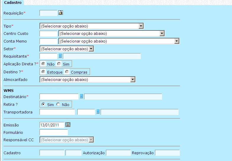 Na tela seguinte, informar o cadastro, material, tipo de