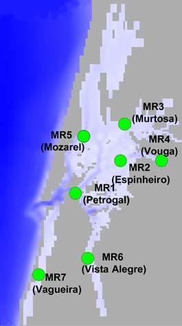 A Figura 4 apresenta as estações de amostragem, utilizadas nas campanhas realizadas no âmbito do projecto ModelRia (Queiroga, 2), cujos registos, são utilizados neste estudo para a validação dos