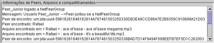 62 Cada operação ou evento que acontece na rede P2P gera uma linha de texto na área informações de peers e arquivos como mostrados na Figura 22.