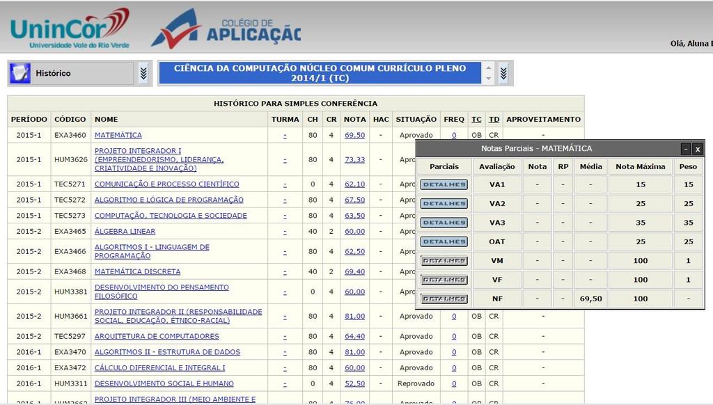 matriz curricular juntamente com as disciplinas cursadas.