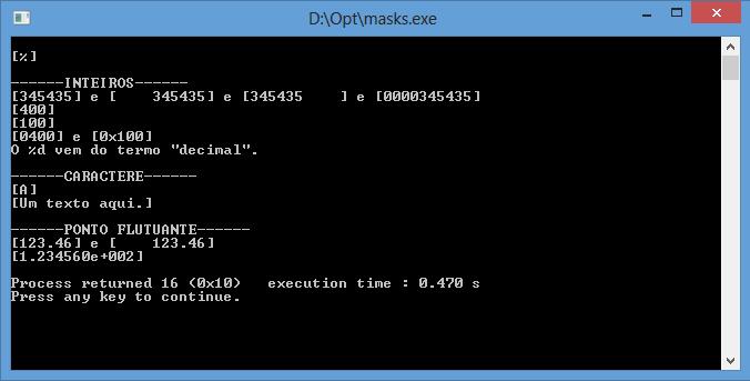 Formatação da escrita dados #include <stdio.h> main() { int var_inteiro = 345435, var_inteiro2 = 256; float var_flutuante = 123.