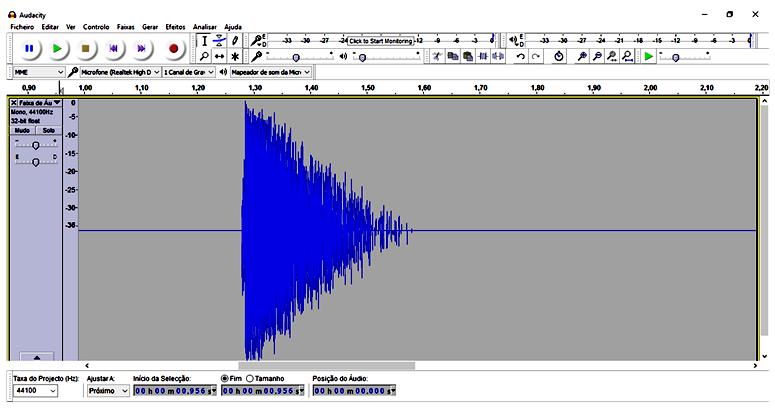 Um gráfico desse tipo está mostrado na Figura 7, também para o estouro de uma bexiga. Vemos que, medida em decibéis, a intensidade sonora decai proporcionalmente ao tempo transcorrido. Figura 7. O nível sonoro, medido em decibéis, após o estouro de uma bexiga.