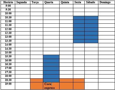 2.4 Calendarização Semanal Na tabela seguinte é visível os diferentes horários que me foram atribuídos pelo CBE no inicio do estágio, havendo de semana a semana rotatividade entre os estagiários.