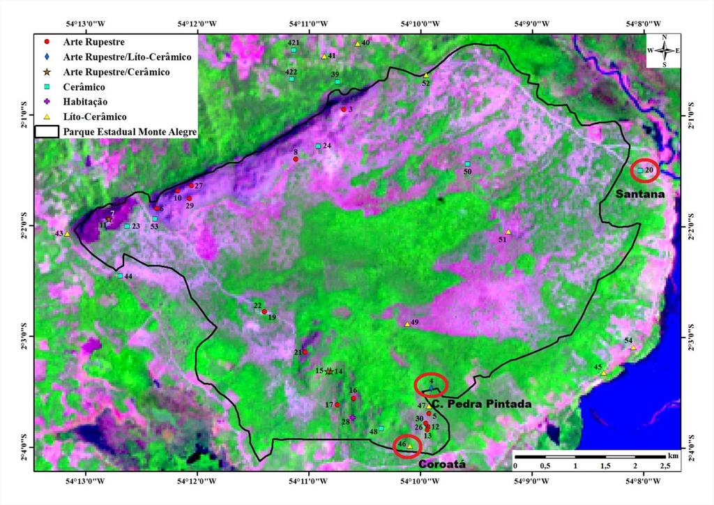 Figura 3 - Localização dos sítios arqueológicos na área de pesquisa e entorno. Os sítios mencionados (Caverna da Pedra Pintada, Santana e Coroatá) estão circulados em vermelho. Mapa: Carlos P.