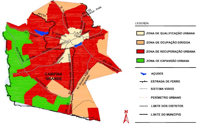 Fig. 11 Mapa de zoneamento urbano do município. Fonte: Plano Diretor de Campina Grande (Lei Complementar nº 3 de 2006), modificado pelos autores.