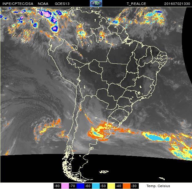 Figura 1 Imagem do satélite meteorológico GOES 13 no dia 02 de julho de 2016 às 13:30 UTC (10:30 Hora Local), sem nebulosidade significativa na região central do Brasil. Fonte: CPTEC.