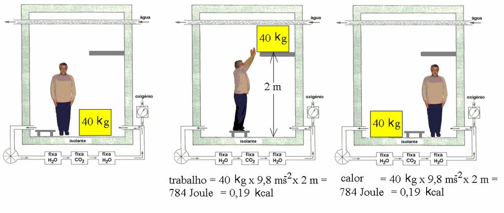 Fig. 4: Se dentro do calorímetro um indivíduo elevar a energia potencial gravítica de um objecto essa energia potencial gravítica só se transforma em calor (que pode ser medido pelo calorímetro)
