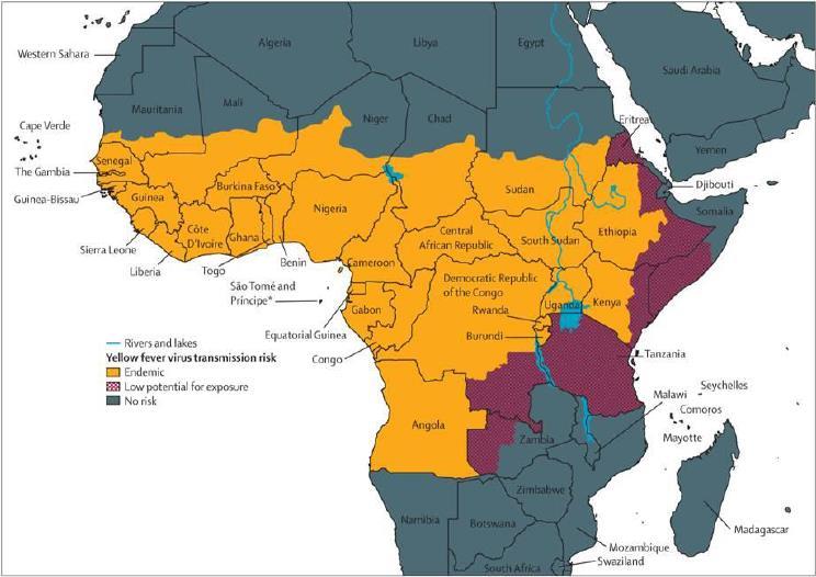 Mapa 3: Áreas de risco de transmissão de febre amarela na África Fonte: Centers for Disease Control