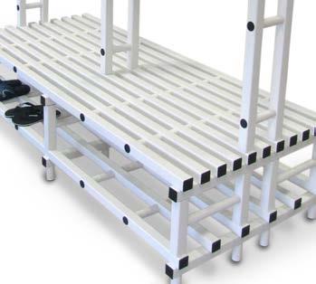 PVC Bench with Coat Rail Made of square PVC tube. 4 functions: seat, foot shelf, coat rail and bag shelf. Humidity, grease and acid resistant.