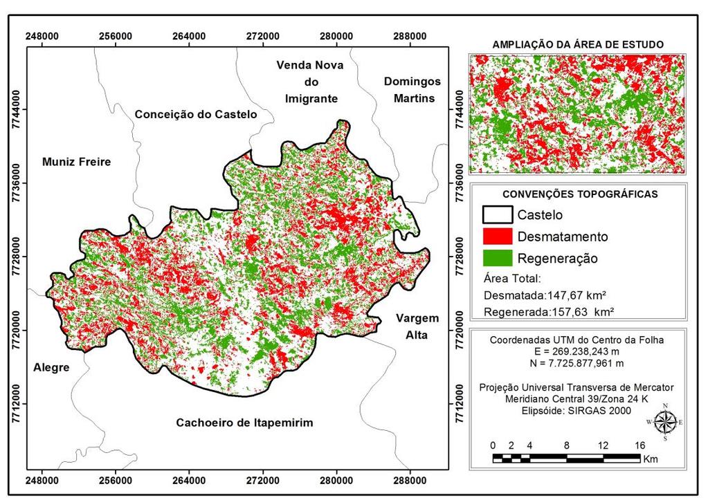 a) b) Figura 3. Classificação supervisionada de imagem Landsat 7 ETM de 1999 (a) e 2006 (b). Em seguida, identificaram-se primeiramente as áreas totais de desmatamento e regeneração.