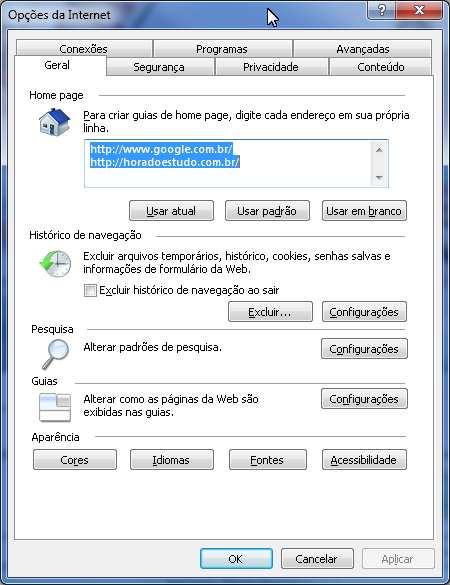 Pop-up No Internet Explorer para bloquear pop-ups acesse Opções da Internet e na Guia Privacidade