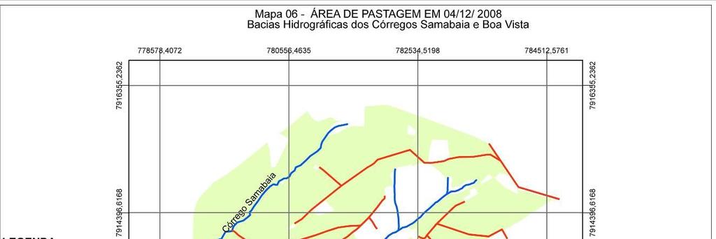 8 O percentual de uso mais representativo, 71.8 e 8,7 %, área para pastagem, (Mapa 06) e área cultivada, são os responsáveis pela destruição de quase toda a vegetação de cerrado da área. Mapa.