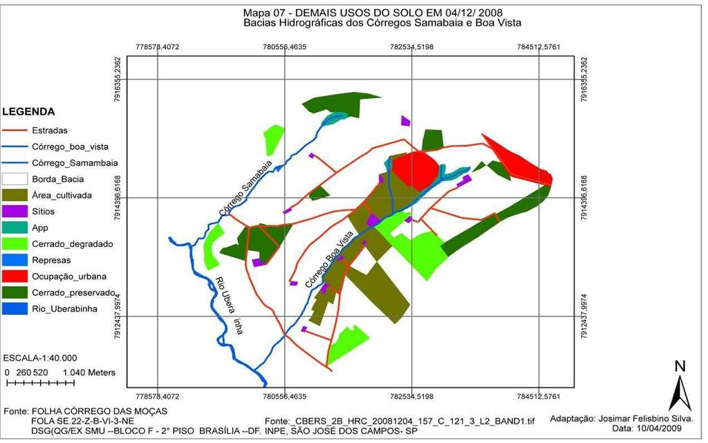 9 Tabela 2: Área e porcentagem de usos do Solo das Bacias Hidrográficas dos Córregos Samambaia e Boa vista em 04/12/2008. TIPO DE OCUPAÇÃO ÁREA Hectare % Área cultivada 144,79 8.79722 Pastagem 1182.