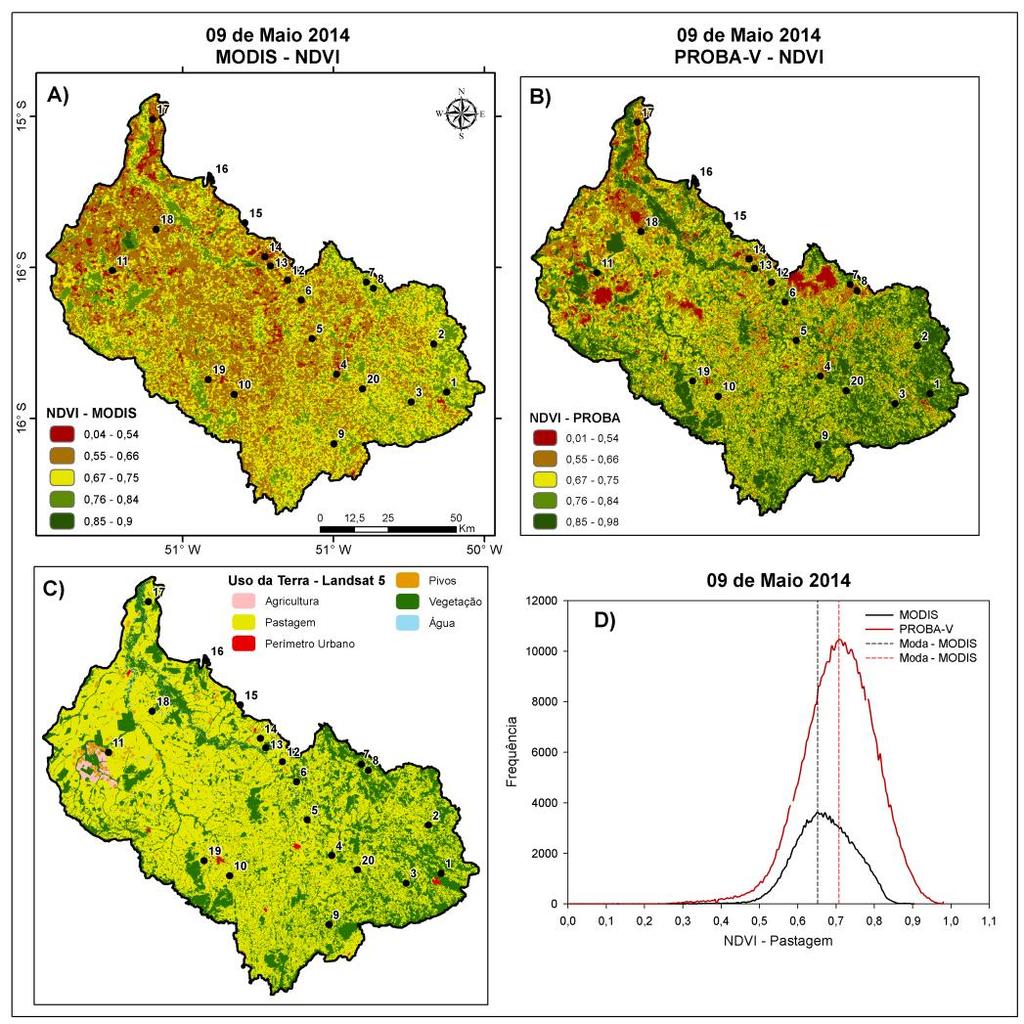 Figura 3 a) Imagem NDVI do MODIS para o dia 09 de Maio de 2014, b) Imagem NDVI do PROBA-V para o dia 9 de Maio de 2014, c) Mapa de cobertura e uso da terra da BHRV ano 2008, d) Distribuição de