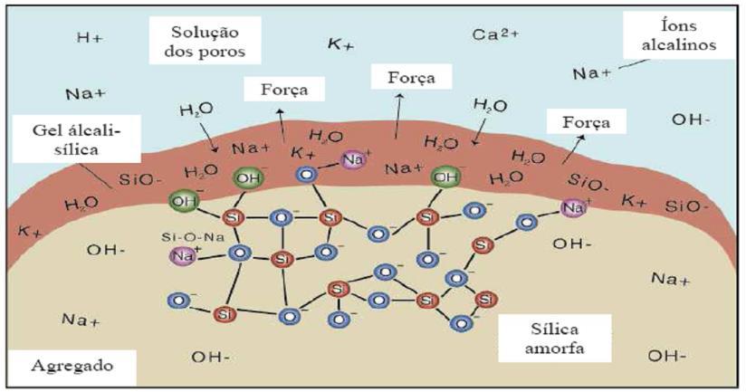 e Em seguida, os cátions ( ), dissolvidos na pasta de cimento, são atraídos pelos íons de formando um gel alcalino conforme as equações: e Na fase de desenvolvimento, as soluções ativas dos fluídos
