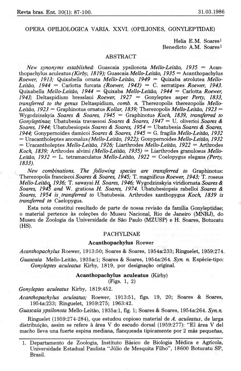 Revta bras. Ent. 30(1) : 87-100. 31.03.198 6 OPERA OPILIOLOGICA VARIA. XXVI. (OPILIONES, GONYLEPTIDAE ) ABSTRAC T Helia E.M.