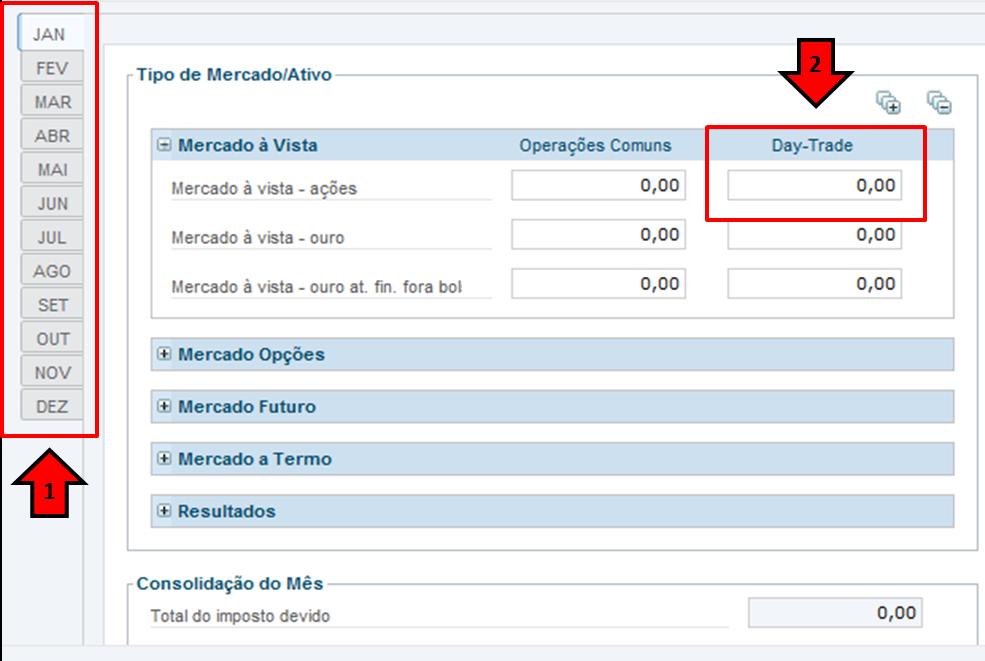 2. Selecione os meses com lucros nas operações Day-Trade e indique os valores no campo Mercado à Vista Day-Trade. 5.