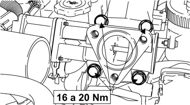 Instale os 4 parafusos de fixação da válvula EGR ao coletor de admissão aplicando um torque de 16 a 20 Nm (12 a 14,7 lbf.pé).