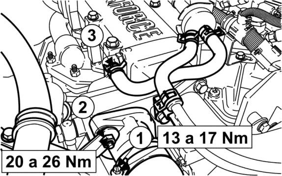 Controle de Emissões do Motor 303-08-27 3. Instale o tubo de saída do resfriador dos gases de escapamento (1), aplicando um torque de 16 a 20 Nm (12 a 14,7 lbf.pé) em seus parafusos de fixação. \ 4.