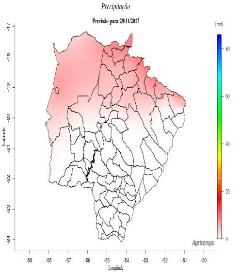 Previsão do tempo para o Mato Grosso do Sul De acordo com o modelo Agritempo (Sistema de Monitoramento Agro meteorológico), a previsão do tempo indica que e no dia 28/11, na região centro-sul do