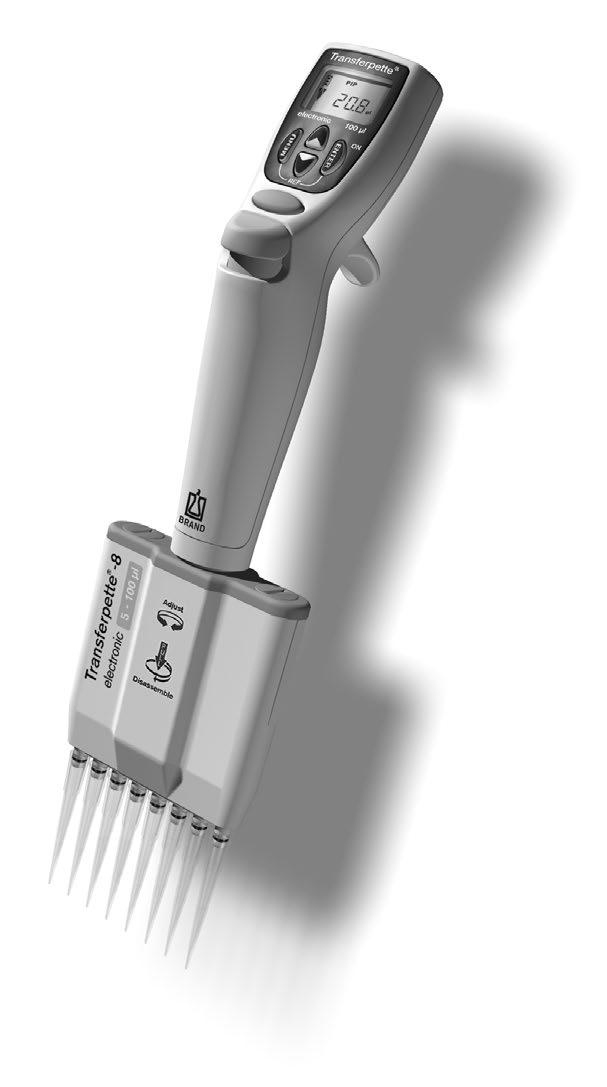 Operating Elements The Transferpette -8/-12 electronic is a microprocessor-controlled, batteryoperated, piston-stroke multichannel pipette, which has been optimized for ergonomic operation and ease