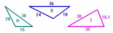 a) Justifica que são semelhantes. b) Indica a razão de semelhança do triângulo [ABC] para o triângulo [DEF]. A B D E C F 10. Considera os triângulos seguintes.