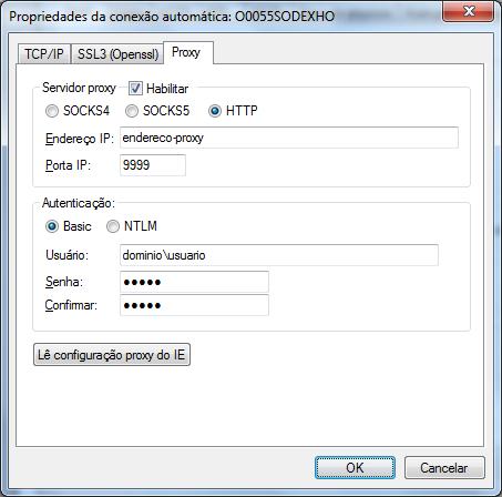 c. Na guia Proxy, clique no botão Lê Configuração Proxy do IE para obter as informações do navegador Internet Explorer. Caso o servidor Proxy utilize autenticação, preencha-as.