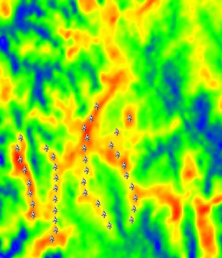 10 Setor: todos c = 4,6 m/s k = 2,95 V média = 4,14 m/s P = 62 W/m 2 --- Emergente --- Ajustado Figura 4.5 Rosa dos ventos e frequência de distribuição para os dados do projeto MERRA (h = 50 m).