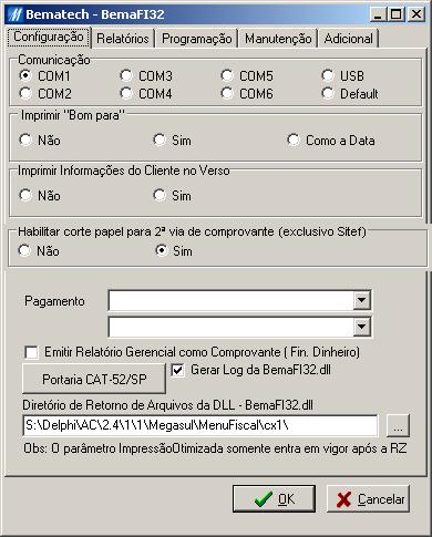 MP-7000 TH FI Nas configurações da DLL, a partir do botão <Configurar Dispositivo >, observe os campos conforme a figura abaixo.