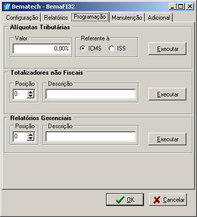 Totalizadores não Fiscais: Posição: informe a posição que deve ocupar o totalizador a ser programado. Descrição: informe a descrição do Totalizar não Fiscal.