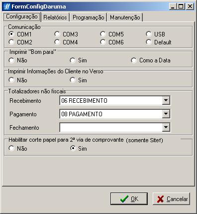 Na Guia Configuração, você informa: Porta Serial: informe a porta de comunicação com a ECF. Imprime Bom para : apresenta as opções Não, Sim e Com a Data.