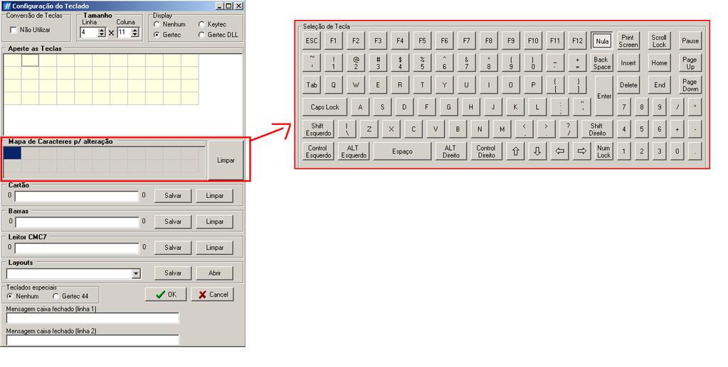 Alterações gráficas realizadas na tela de configuração do teclado Megasul a fim de facilitar o processo.