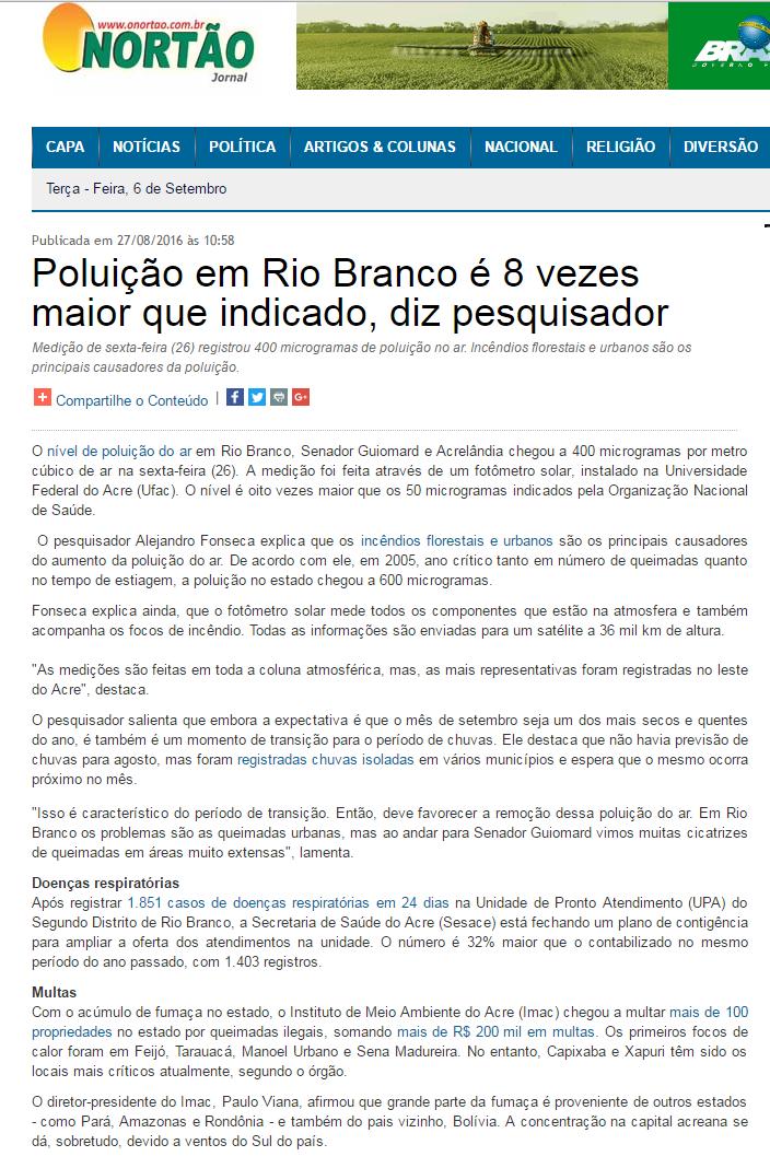 Figura 5.2 Reportagem do O Nortão sobre o impacto das queimadas na saúde no Acre. Figura 5.3 Reportagem da Gazeta Digital sobre o impacto das queimadas na saúde em Cuiabá. A Tabela 5.