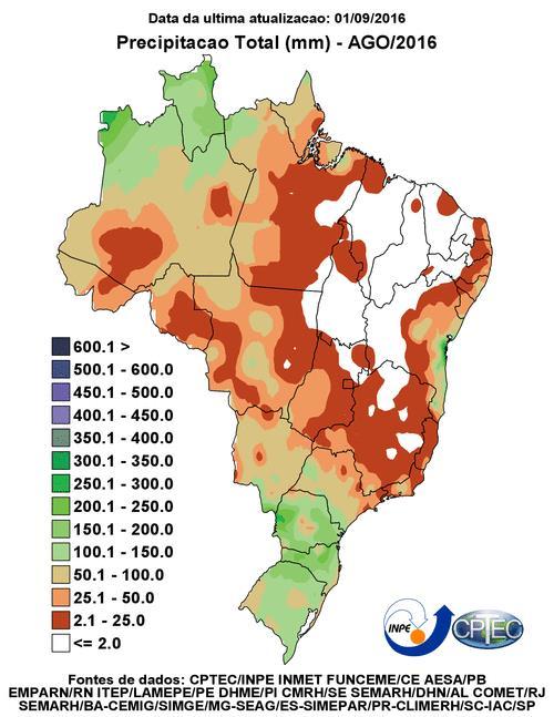 Figura 2.3 Total de chuvas para o mês de Ago/2016. Figura 2.4 Anomalia de chuvas para o mês de Ago/2016.