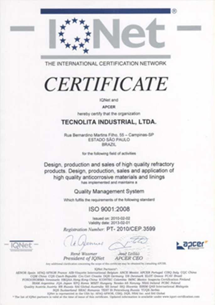 ISO 9001 TECNOLITA é uma empresa certificada ISO 9001 Projeto, produção e vendas de