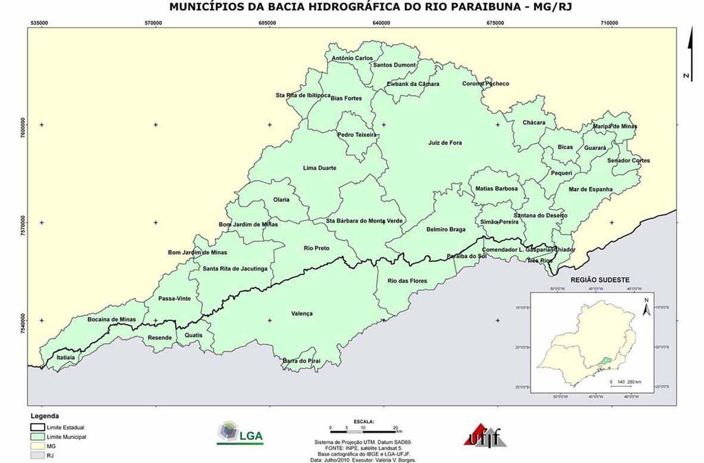 Figura 1 Localização geográfica da Bacia Hidrográfica do Rio Paraibuna, no contexto da região Sudeste. As altitudes mínimas e máximas variam entre 261 m e 2.