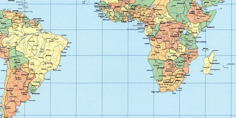 1.6 Relação entre sistemas de coordenadas 23 Cartum Equador São Paulo distância mais Trópico de Capricórnio Meridiano de Greenwich Ilha da Reunião Santiago curta: geodésica Figura 1.