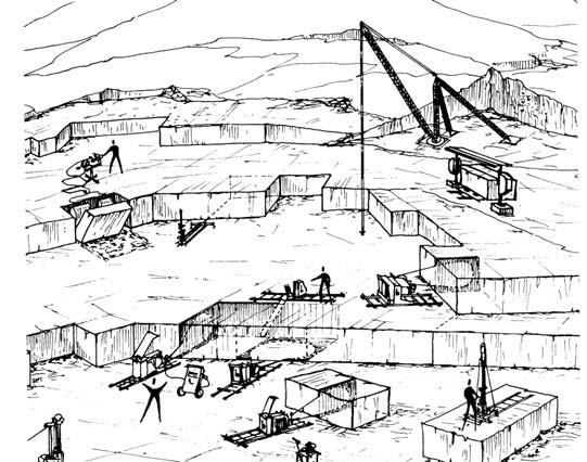 As operações principais da actividade desta pedreira são o corte do calcário, o derrube das talhadas individualizadas, o esquartejamento da talhada desmontada em blocos transportáveis, a remoção dos
