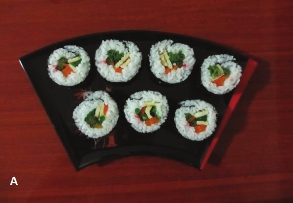 4 Figura 3. Maki sushis elaborados com arroz BRS 358 (A) e arroz comercial especial para culinária japonesa (B). Foto: Selma N. Koakuzu, 2013 Tabela 3.