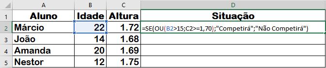 16. FÓRMULA DA CONDIÇÃO SE E OU Neste exemplo, usando OU, basta que uma condição seja verdadeira para que o aluno participe da competição (ou uma, ou a outra, ou as duas). Veja o exemplo: 17.