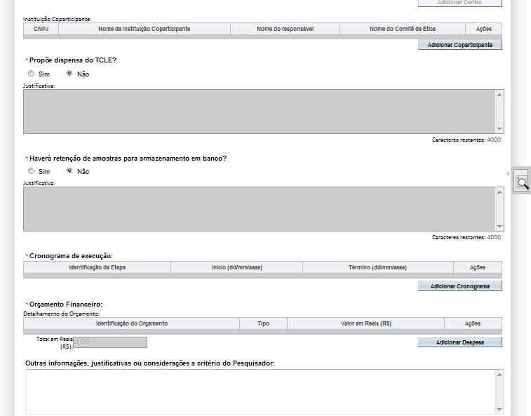 *Coparticipantes: Acesse o manual de modificações da versão 3.2 dispostos na área de manuais da Plataforma Brasil.